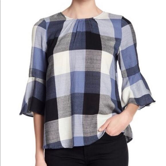 Ro De Top Blue Plaid Bow Back Blouse - Picture 1 of 7